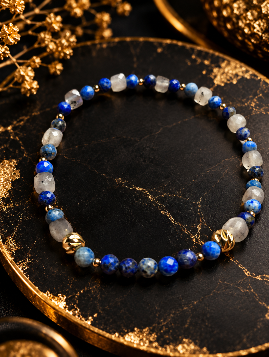 Bransoletka z lapis lazuli i kamienia księżycowego – Nocne Niebo