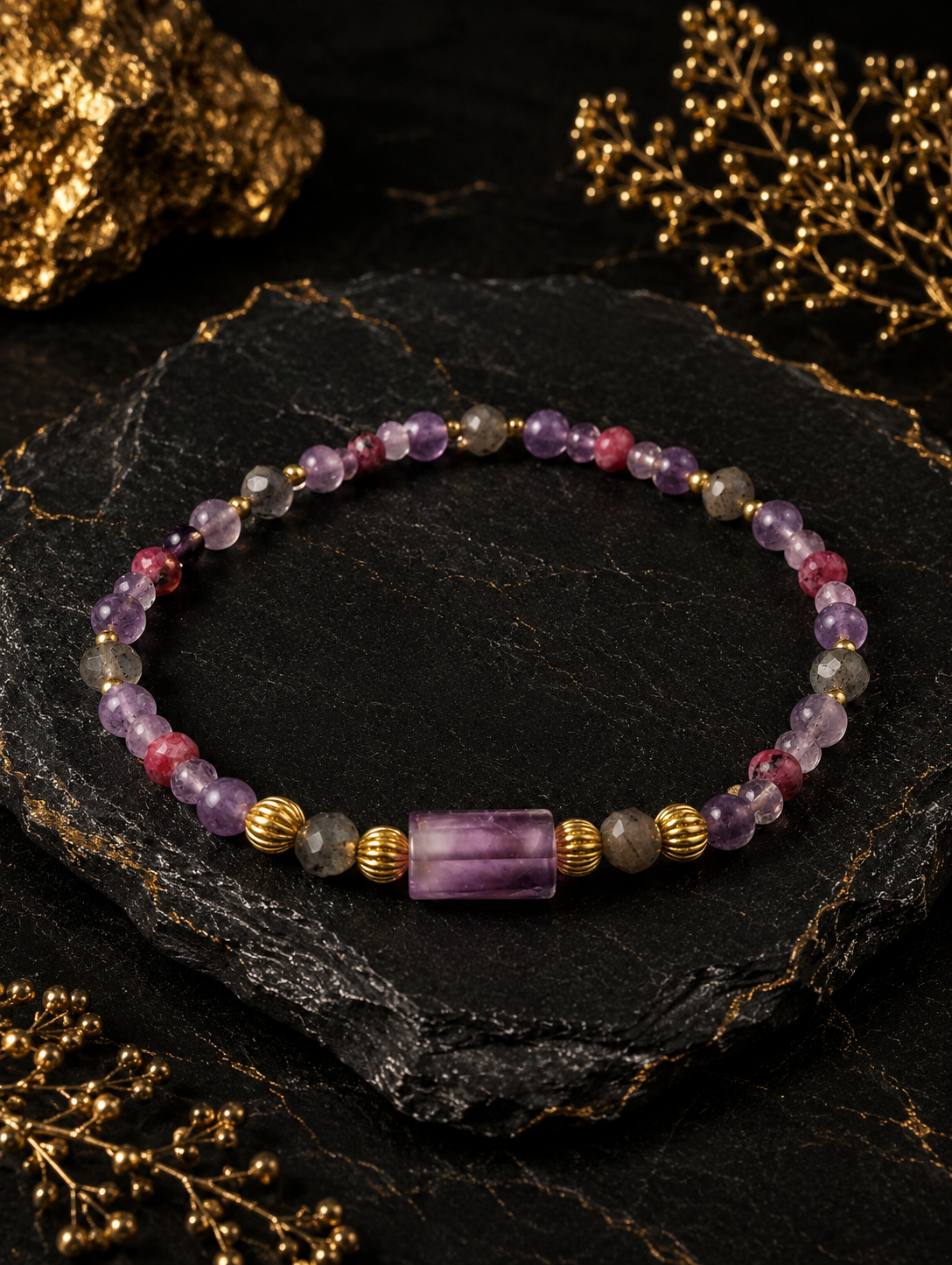 💜Fioletowa Harmonia – bransoletka z ametystu, labradorytu i rodonitu